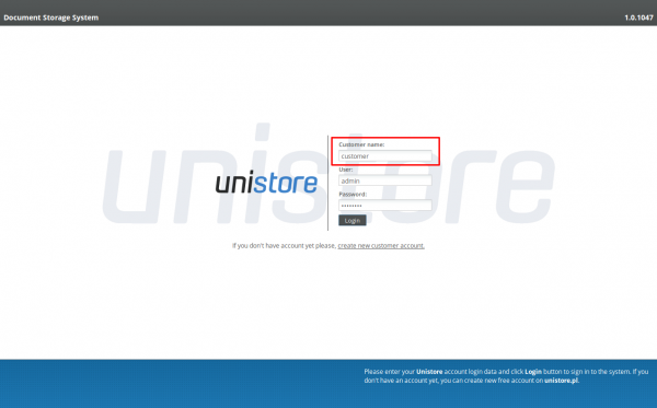 System login screen with filled customer name