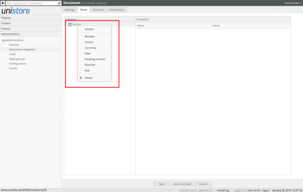 Designing document form - field in section