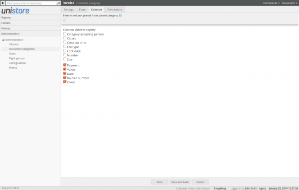 Selecting columns to be shown in the registry