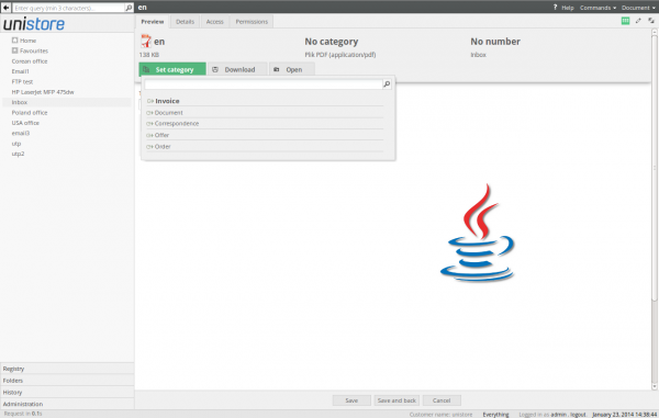 Setting the document category in inbox