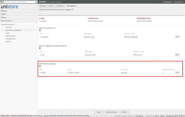 Custom permission in the document category configuration