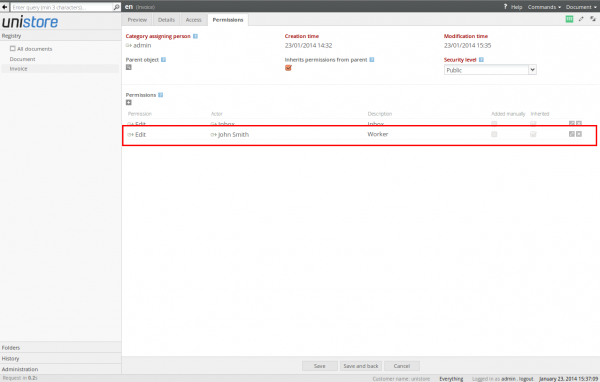 Permission propagated from the document category to the document