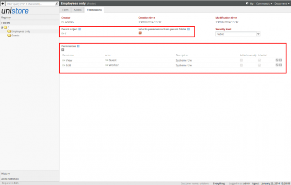 Permissions inherited from the top folder to the subfolder