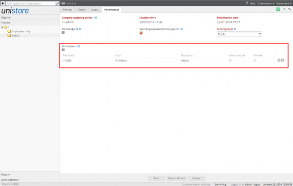 Default document permissions after loading it to the inbox