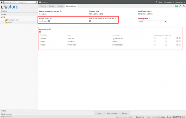 Permissions inherited from the folder to the document