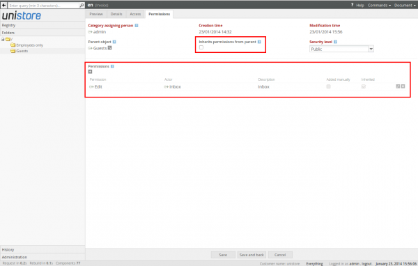 Disabling permissions inheritance for the document