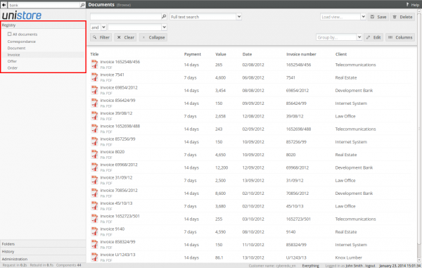 Registry panel and invoices registry