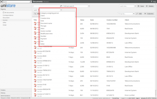 Selecting a field to filter registry