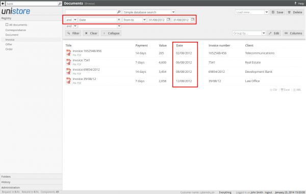 Registry filtered by the field