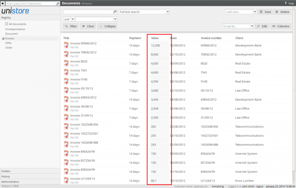 Sorting registry by the column