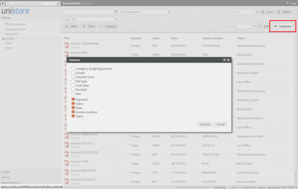 Selecting visible columns in the registry