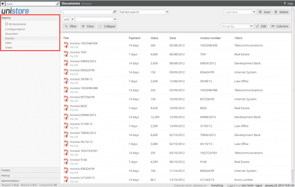 Registry panel and invoices registry