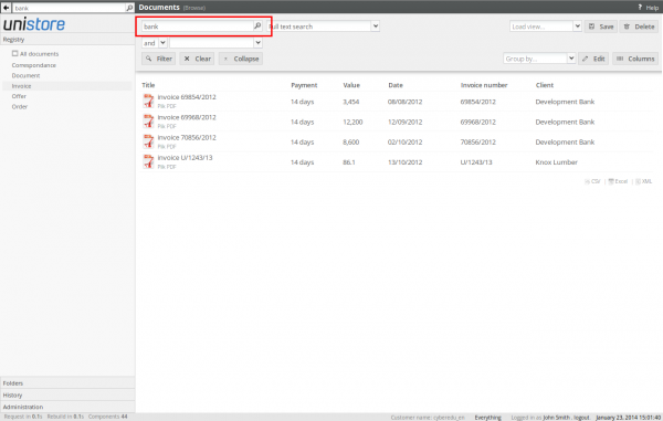 Searching for documents in the registry using full text search
