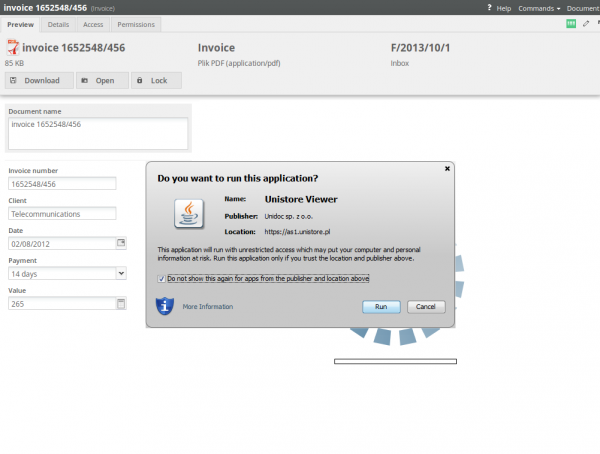 Unistore PDF viewer certificate acceptance