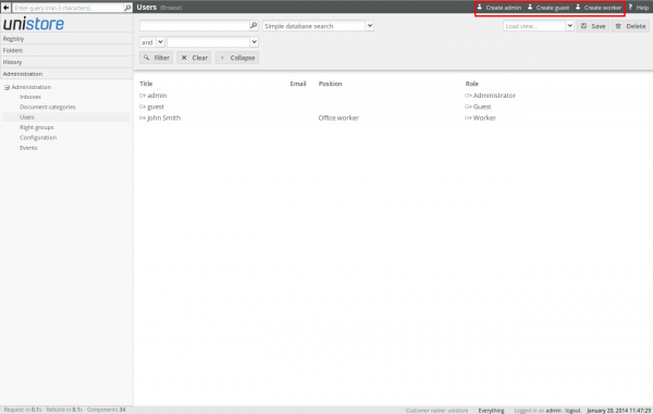Users section on administration panel