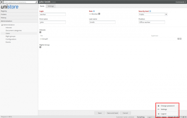 Where to change user password and settings
